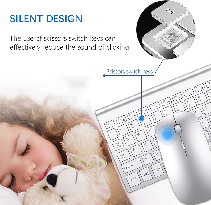 TopMate Wireless Keyboard and Mouse Ultra Slim Combo, 2.4G Silent Compact USB 2400DPI Mouse and Scissor Switch Keyboard Set with Cover, Batteries Included, for PC/Laptop/Windows/Mac - Silver White