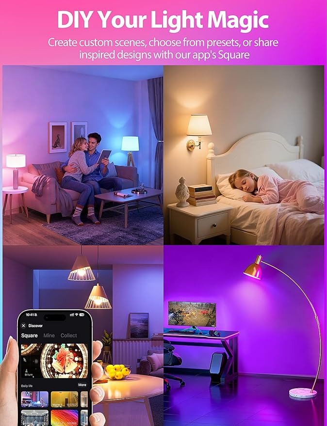 Smart A19 LED Light Bulb, Color Changing Light Bulbs, Compatible with Alexa & Google Assistant, Dimmable RGBTW, 2.4GHz Wi-Fi Bluetooth Bulbs, 9W (60W Equivalent), No Hub Required, 8 Packs