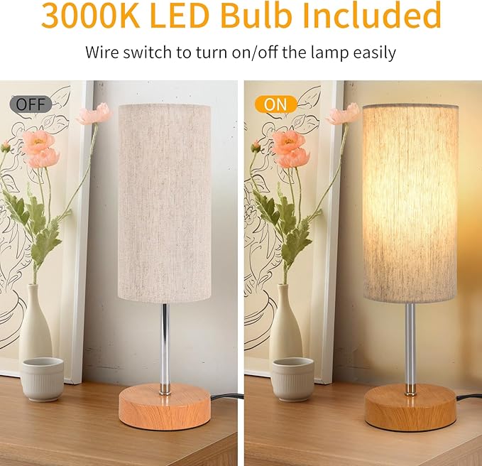 RISLG 2 Pack Small Table Lamps, Bedside Lamps for Nightstand with Wire Switch, Modern Minimalist Desk Lamp with Linen Fabric Shade for Dorm Kids Room Living Room Office Bedroom, Bulb Included