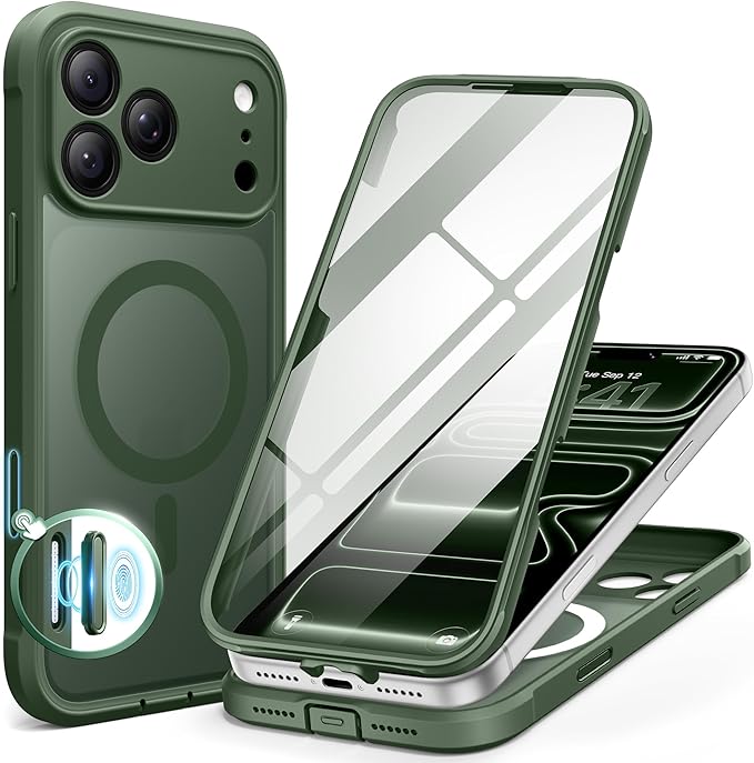 BERFY for iPhone 17 Pro Case, Compatible with MagSafe, Built-in Glass Screen Protector, Camera Protection, Shockproof Full Body Phone case 6.3", Translucent Deep Green