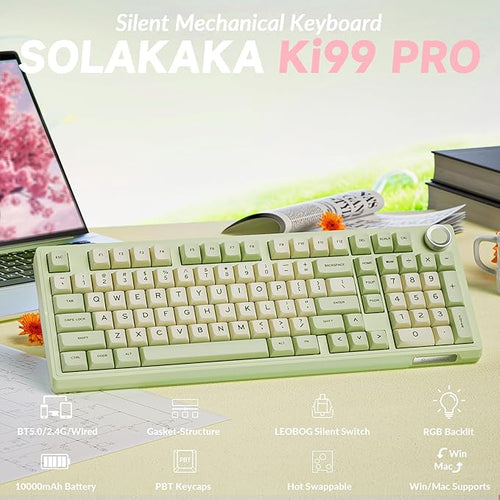 SOLAKAKA KI99 Pro Wireless Mechanical Keyboard Quiet Switch,Hot Swappable Pre-Lubed Switches Silent Keyboard with RGB Backlit,Gasket Structure Computer Gaming Keyboards(GreenWhite, Silent Switch)