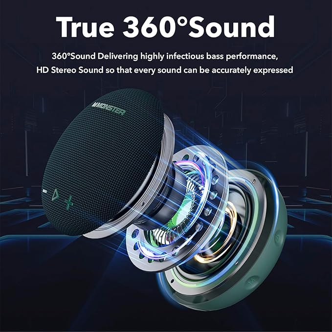 Monster Bluetooth Speaker, IPX8 Shower Speaker Waterproof, Bluetooth 5.4 with Loud HD Sound and Robust Bass, Extra Long Playtime Punchy, for Home, Beaches Portable Wireless Outdoor Speakers
