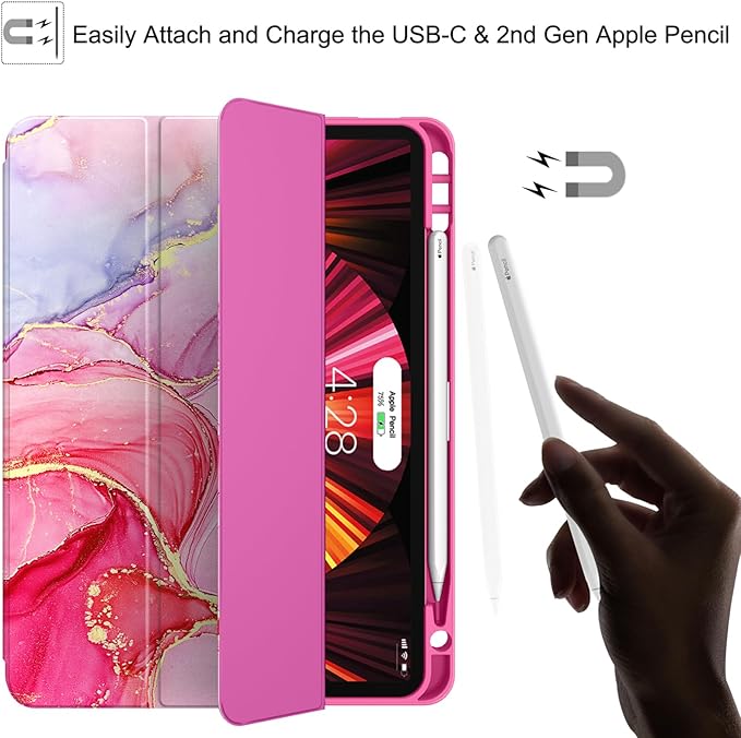 Soke for iPad Pro 11 Case (M2) 2022/2021/2020 with Pencil Holder - [Full Body Protection + Apple Pencil Charging + Auto Wake/Sleep], Soft TPU Back Cover for 2022 iPad Pro 11 inch(Hot Pink Marble)