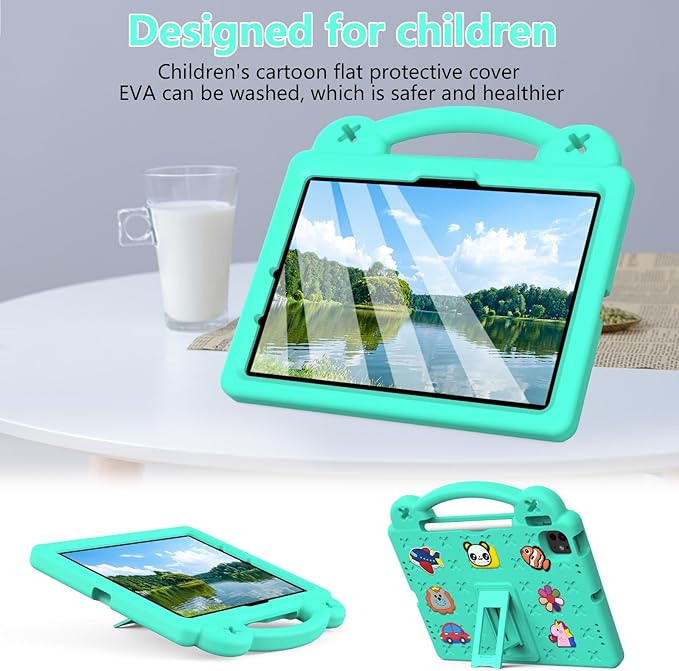 for iPad Air 11 inch Kids Case M3/M2 (2025/2024) & iPad Pro 11 Inch M4 Case 2024 with Pencil Holder/Handle/Kickstand/Cute DIY Soft Shockproof Stand Lightweight Tablet Cover, Mint Green Bear