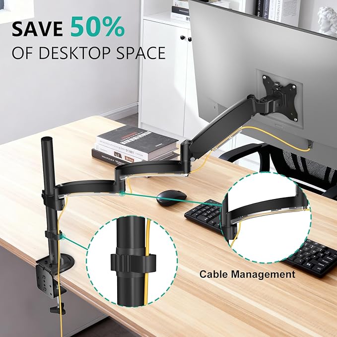 WALI Single Long Monitor Arm - Computer Monitor Arm Desk Mount for 13-32 inch, Hold up to 19.8lbs, Extra Long Adjustable Stand, Full Motion Tall Arm, VESA 75/100mm, (GSDM001L)