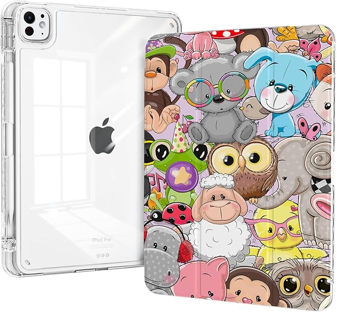 Cute Case for iPad Pro 11 Inch M4/M5 Chip 2024/2025 (A3357 A3358 A3359 A2836 A2837 A3006) with Pencil Holder, Shockproof Clear Back Cover Protector, Trifold Stand, Cute Animals
