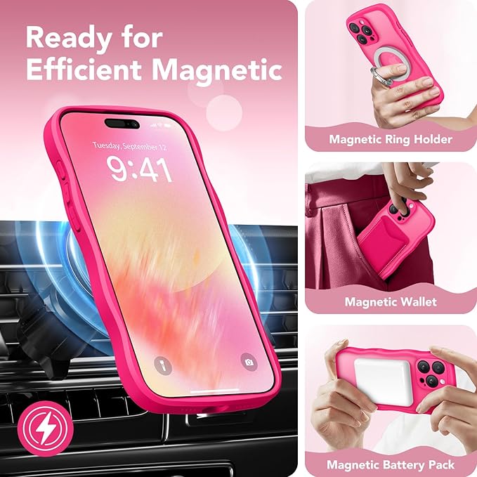 CAPRARO for iPhone 16 Pro Max Case for Women Girls, Upgraded [Full Camera Protection] [Compatible with MagSafe] Cute Wave Translucent Matte Phone Case for iPhone 16 Pro Max, Hot Pink
