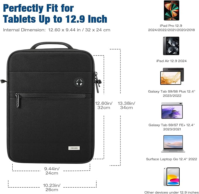 MoKo 10-13 Inch Tablet Bag,360° Protective Carrying Case Fits 13 Inch New iPad Pro M5 & Air M3, 11" iPad A16/Air M3 2025, i-Pad Pro 12.9/11,with Multi-Pockets,Shoulder Strap & Earphone Port,Black