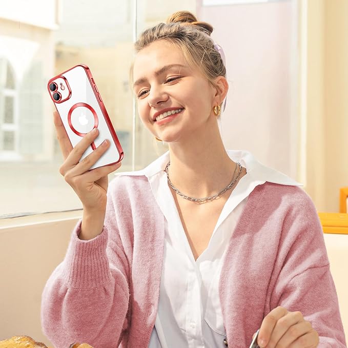 Hython Magnetic Clear for iPhone 11 Case with Camera Lens Protector [Compatible with MagSafe] Luxury Plating Edge Slim Soft TPU Cover Protective Phone Case for iPhone 11 6.1", Red