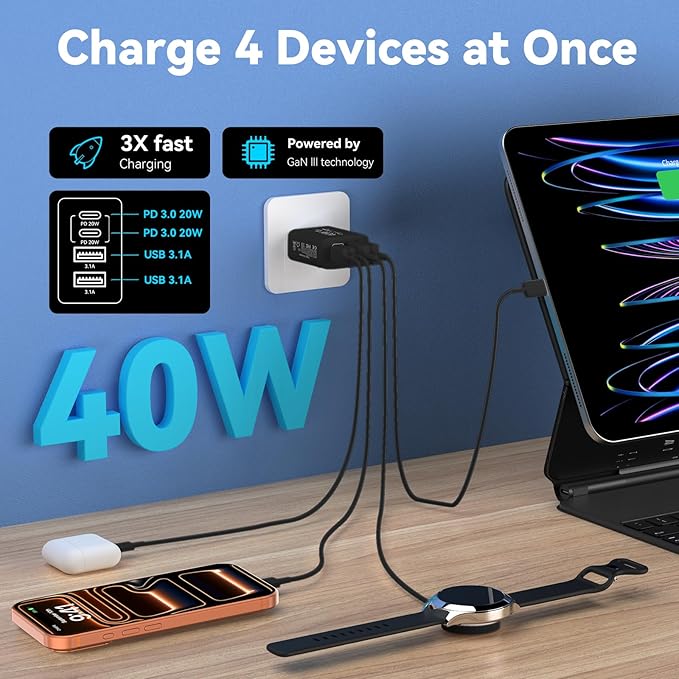 USB C Wall Charger Block, 2-Pack 40W 4-Port Fast Charging Block PD Power Adapter +QC 3.0 USB A Wall Plug Multiport Type C Box Cube for Phone 15/14/13/12/11 Pro Max, Galaxy, Pixel