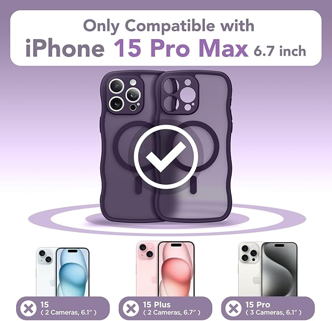 CAPRARO Cute for iPhone 15 Pro Max Case, Compatible with MagSafe, [Curly Wave Edge] [Full Camera Protection] [14 FT Drop Protection] Magnetic Phone Case for 15 Pro Max 6.7 Inch, Deep Purple