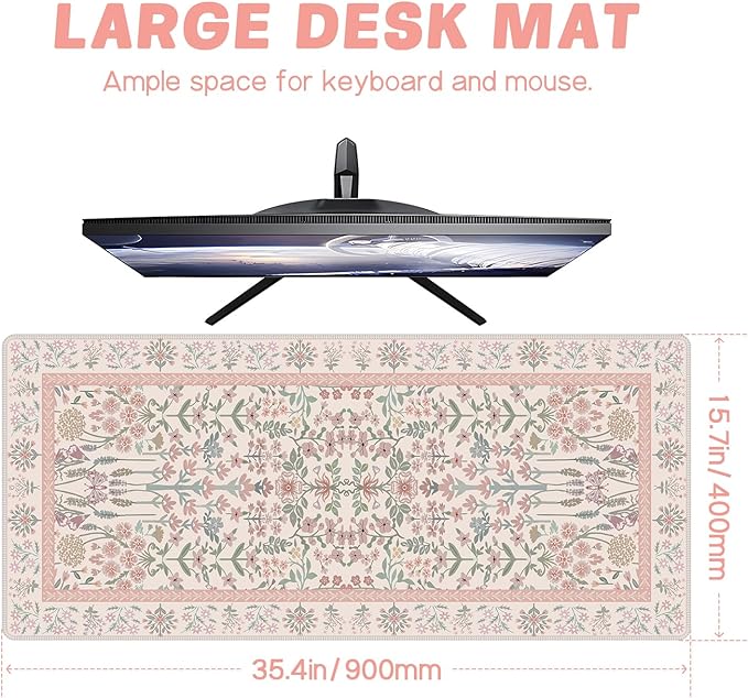Baziabbo Pink Floral Desk Mat,XXL Extended Big Mouse Pad,Gaming Mousepad with Stitched Edge,Non-Slip Rubber Base Keyboard Desk Pad for Home Office Study Game