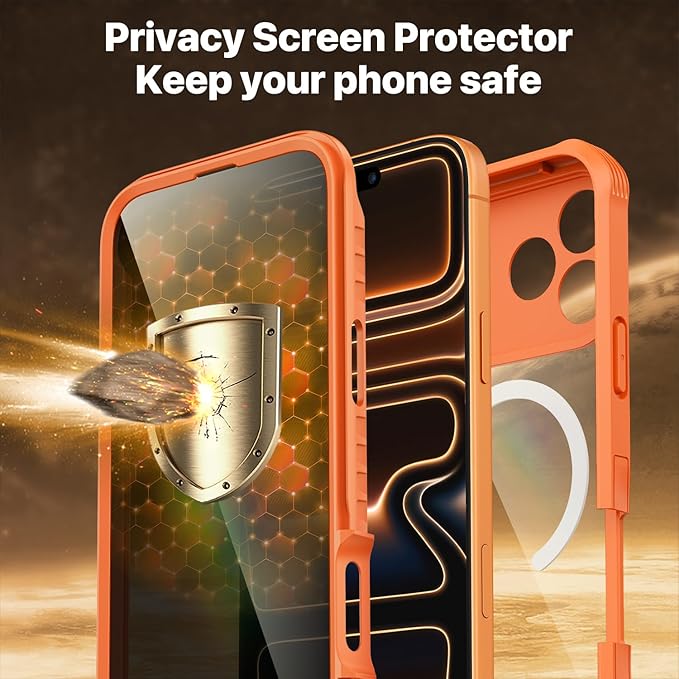 CENHUFO Magnetic Privacy for iPhone 17 Pro Case [Compatible with Magsafe] Full Body Phone Case Built-in 9H Tempered Glass Privacy Screen Protector, Camera Protection Shockproof Bumper Cover -Orange