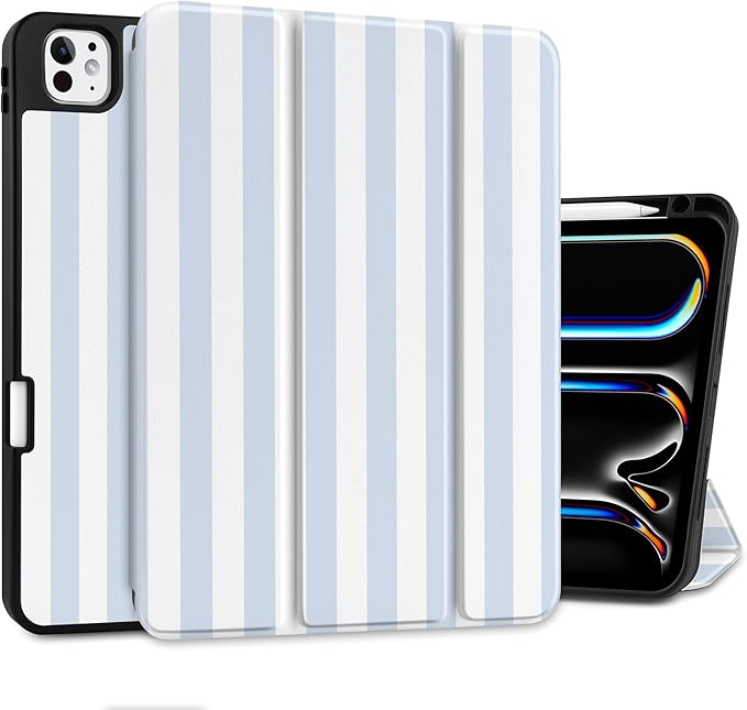 DONGKE Case for iPad Pro 11 inch (M5 2025 / M4 2024, 6th & 5th Generation) – [Built-in Pencil Holder] Ultra Slim PU Leather Trifold Stand Cover with Soft TPU Back, Auto Wake/Sleep, Blue Stripes