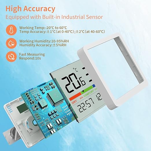 NOKLEAD Indoor Hygrometer Thermometer - Digital Temperature & Humidity Monitor with Calibration, Clear LCD Display & Clock, Accurate Room Gauge for Home, Baby Room, Office (2-Pack)