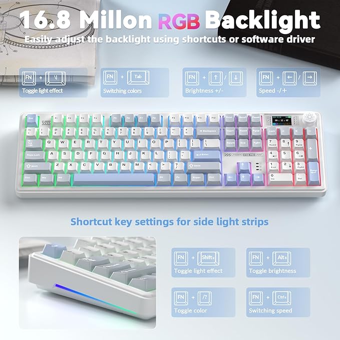 CORBOBO LINGBAO K108 Pro Wireless Mechanical Keyboard with Screen & Knob, Full Size Creamy Keyboard with Number Pad, 10000mAh Battery, PBT Keycaps, RGB Backlit, Hot-swappable Gaming Keyboards