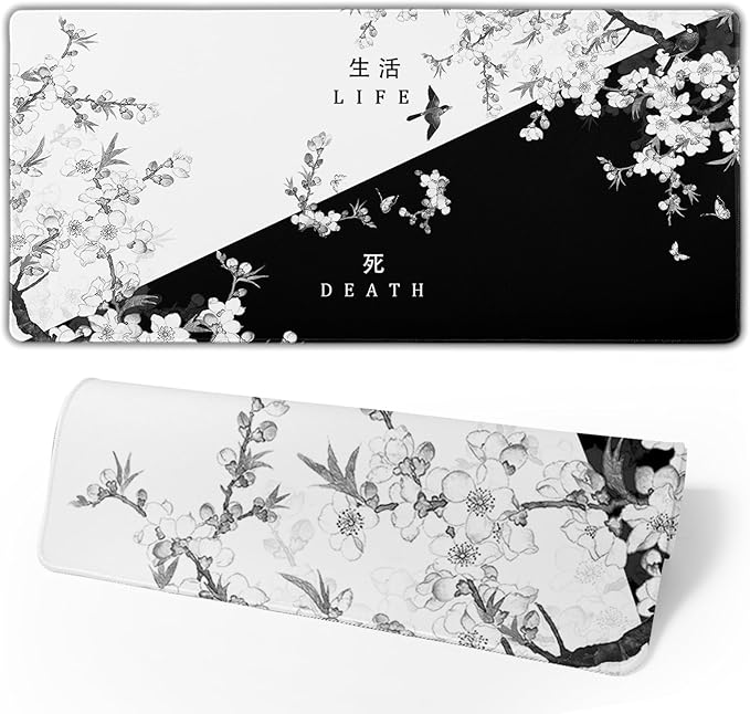 XXL Large Gaming Mouse Pad,Japanese Sakura Death Life Extended Desk Pad Non-Slip Rubber Base 35.4x15.7in with Stitched Edges Waterproof Full Desk Pads Computer Gaming Mousepads for Work/Game/Office