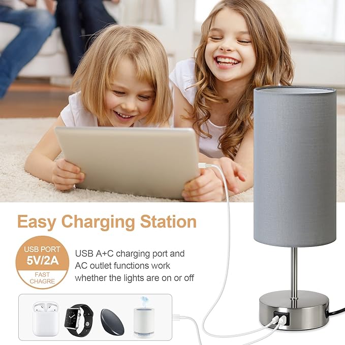 Yarra-Decor 【Upgraded Bedside Lamp with USB A+C Charging Ports & AC Outlet Touch Control Table Lamp for Bedroom 3 Way Dimmable Nightstand Lamp with Grey Shade for Home Office, Dorm(Bulb Included)