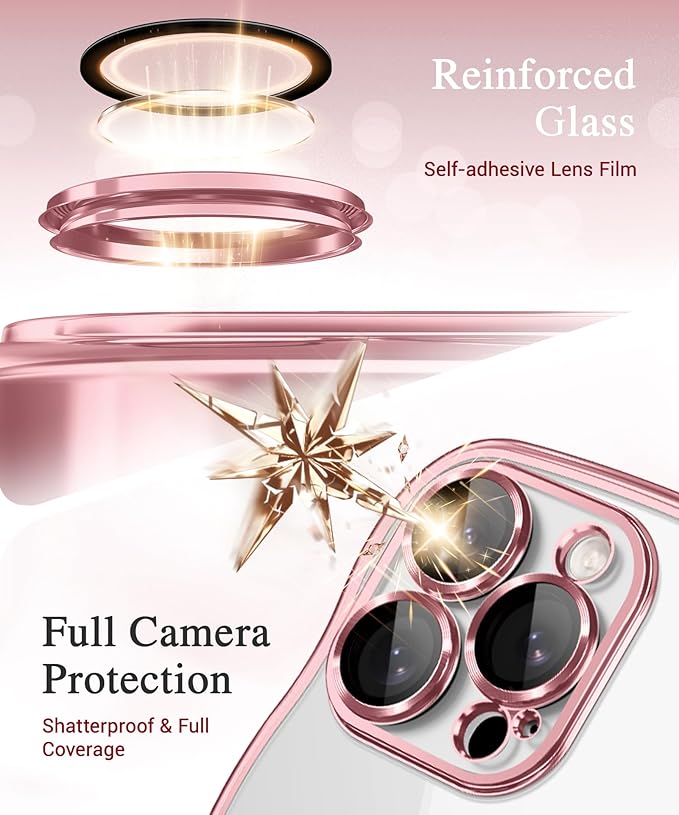 GVIEWIN for iPhone 16 Pro Case Compatible with MagSafe, Upgraded [Full Camera Protection][Cute Wave Frame][Military Grade Protection] Electroplated Soft Phone Cover for Women Girl, Clear/Pink
