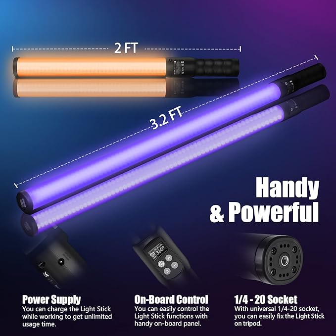 Mettlelite LS400P RGB Pixel LED Light Stick, Handheld Full Color RGBWW Continuous Output 2 ft with APP Control, 2800K-8000K, Customizable Pixel Light Effect, CRI97+ TLCI98+ Rechargeable Video Light