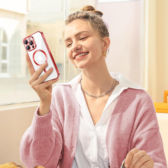 Hython Magnetic Clear for iPhone 15 Pro Max Case with Camera Lens Protector [Compatible with MagSafe] Plating Edge Slim Soft TPU Cover Protective Phone Case for iPhone 15 Pro Max 6.7", Red