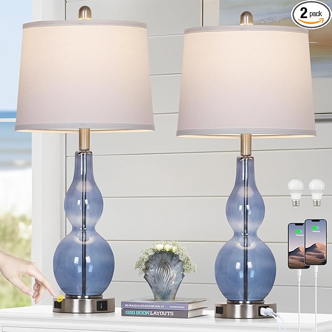 Rinweey 27.5" Coastal Blue Glass Double Gourd Table Lamp Set of 2,3-Way Dimmable Touch Control Bedside Lamps with USB Ports and AC Outlet, Nautical Nightstand Lamps for Bedroom Living Room