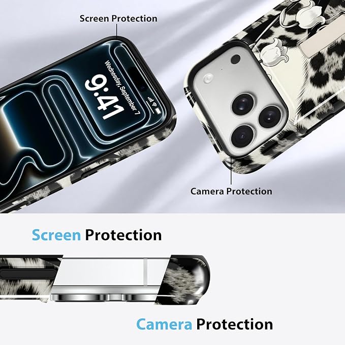 KANGHAR Compatible with iPhone 17 Pro Case, Support for MagSafe, Silicone Leopard Flower Cool Pattern, Finger Hold Wristband Kickstand Camera Protection Soft Slim Phone Case for Girls Women -Black