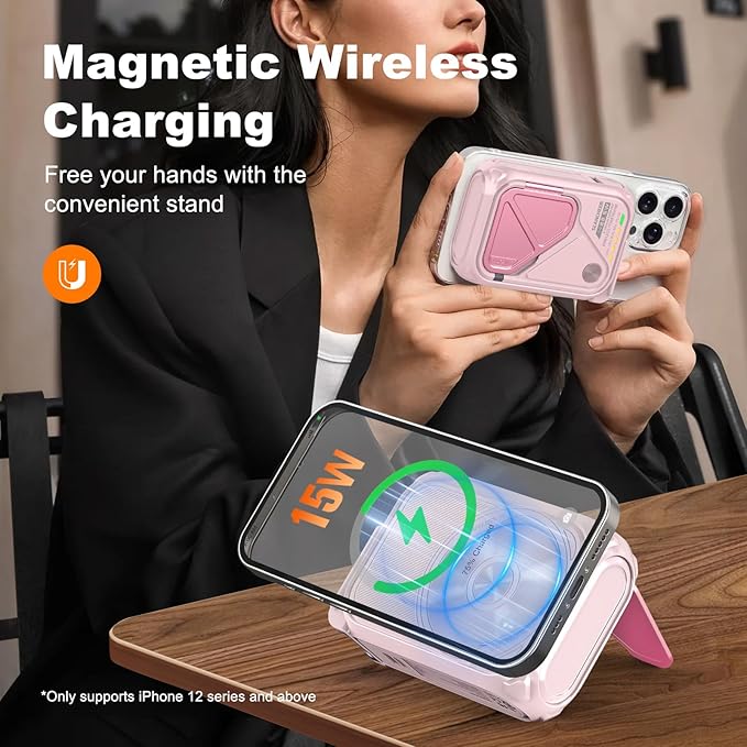 P05 Portable Charger, Magnetic Power Bank, Small Wireless PowerBank,Emergency Battery Pack 10000mAh Travel Essentials Fast Charging with Built in Cable, Wall Plug for iPhone,Samsung,Andriod (Pink)