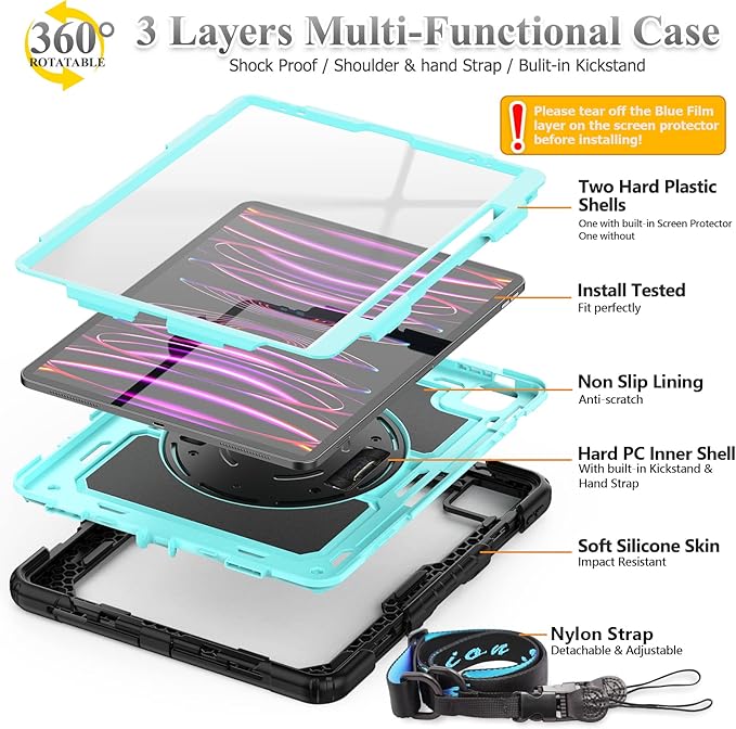 SEYMAC stock Case for iPad Pro 12.9'' 2022/2021/2020/2018 with Screen Protector 360 Rotating Stand Hand Strap, Drop-Proof Case for iPad Pro 12.9''(6th/5th/4th/3rd Generation), SkyBlue/Black