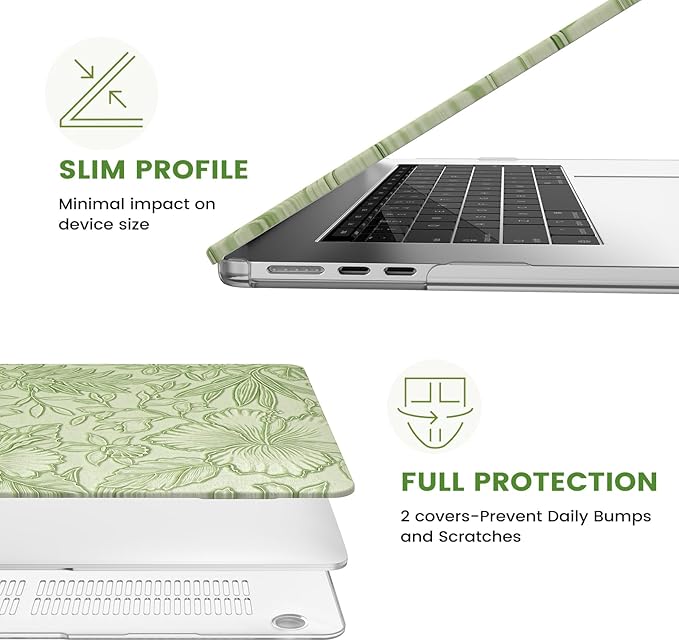 iCasso for MacBook Air 13 Inch Case M5 2026 2025-2022 A3449 M4 A3240 M3 A3113 M2 A2681, Retro Leather Hard Shell Case for MacBook Air 13.6 Inch+Keyboard Cover+Screen Protector, Green Embossed Floral