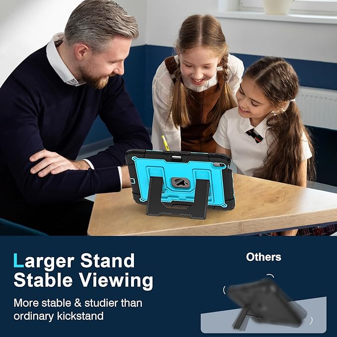 Kids Friendly Case for iPad Air 11 Inch M4 M3 M2 2026/2025/2024 Case with Pencil Holder & Shoulder Strap, Military Grade Shockproof Kickstand Hard Shell Protective Cover,Black+Blue