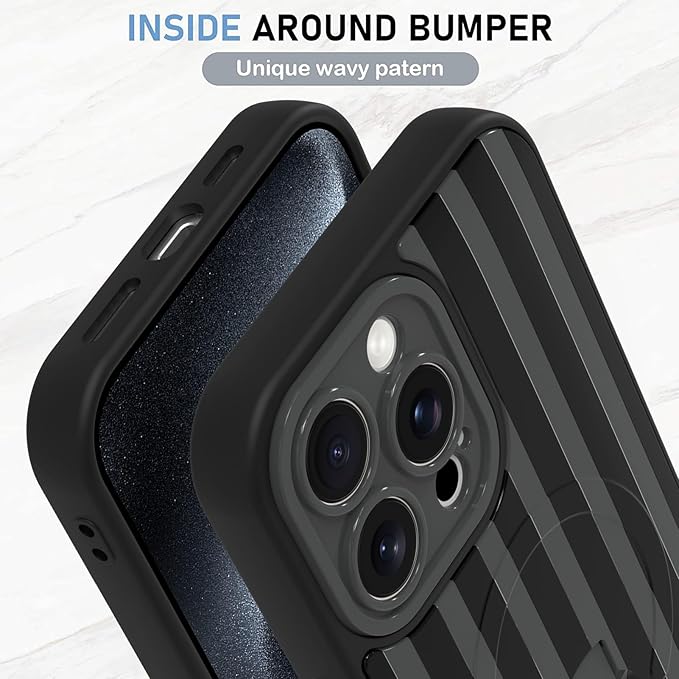 KANGHAR Compatible with iPhone 15 Pro Max Case, Support for MagSafe, Silicone Stripes Cute Pattern, Wristband Kickstand Camera Protection Soft Slim Cover for Girls Women -Black