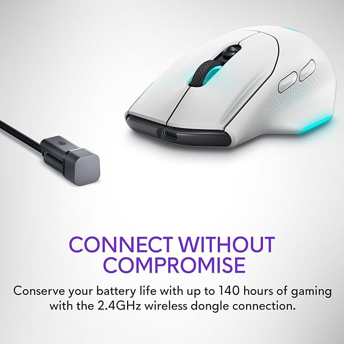 Alienware Wireless Gaming Mouse AW620M - Wireless/Wired, 1 x USB - 4 pin USB Type A, 26000 dpi, 3.52oz (99g) Weight, 7 Buttons, Non-Slip Grip, up to 140 Hours of Gaming - Lunar Light