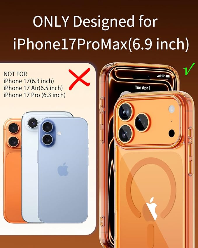for iPhone 17 Pro Max Case, Compatible with MagSafe, Magnetic Slim Cover, Anti-Yellowing & Shockproof, Full Camera Protection, Includes Screen & Lens Protectors, Clear Orange Protective Case