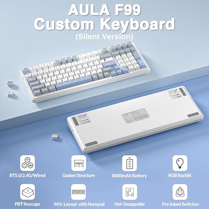 AULA F99 Wireless Mechanical Keyboard-Silent Version,Triple-Mode(BT5.0/2.4GHz/USB-C),Gasket Mounted,Hot Swappable Keyboard with Pre-lubed Linear Switches,RGB Backlit PC Gaming Keyboards for Win/Mac