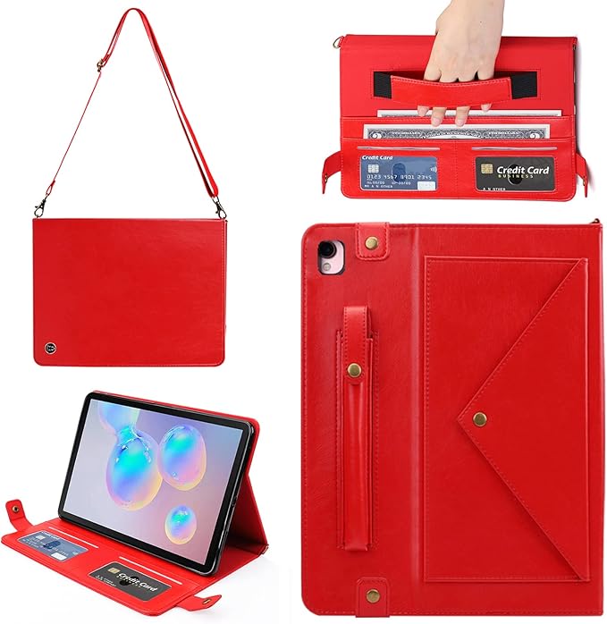 Handbag Case for iPad 10.2" (2019-2021) & iPad Pro/Air 10.5", Techcircle Folio Stand iPad Crossbody Wallet Case with Pencil Holder & Envelope Pocket, Hand Strap+Shoulder Strap Protective Cover, Red