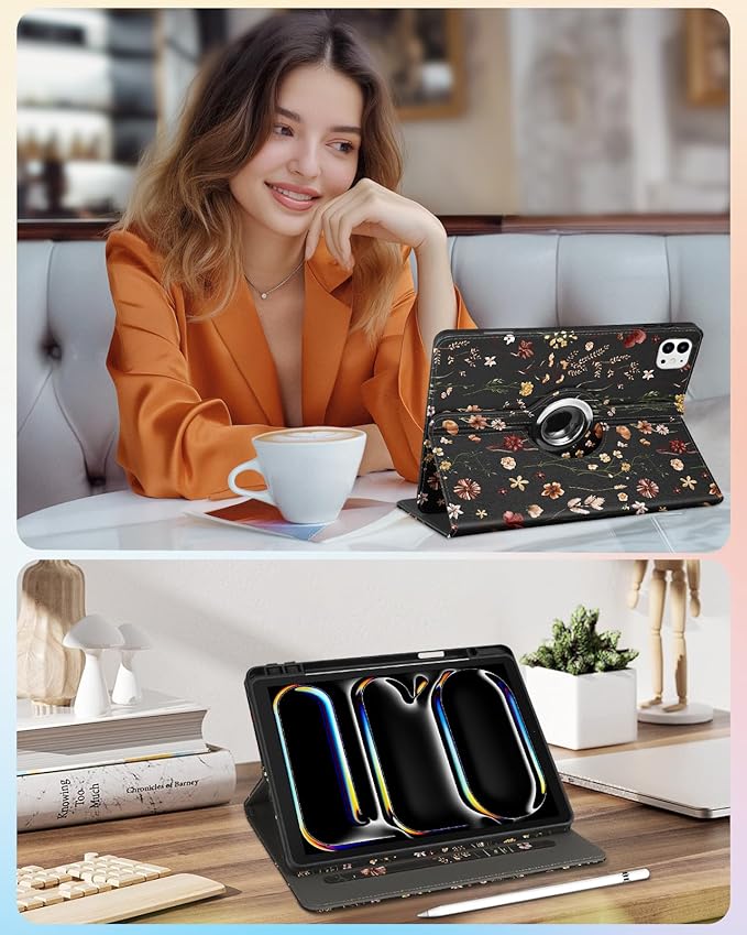 Kidcube for iPad Pro 13 Inch Case M4 2024 - Women Girls Cute Rotating Stand Folio Cover with Pencil Holder & Card Slot Flowers Floral Unique Design for iPad Pro 13 Inch Case 2024 (A2925 A2926 A3007)