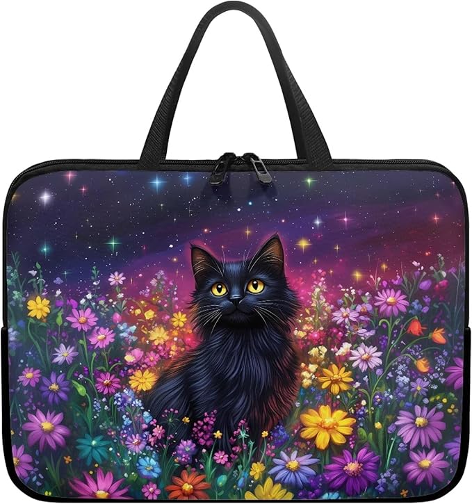 Galaxy Floral Laptop Handle Bag for Women 12 Inch Computer Protect Case Pouch Holder Black Cat Notebook Sleeve Neoprene Cover Soft Carrying Travel for 10-17 Inch Chromebook