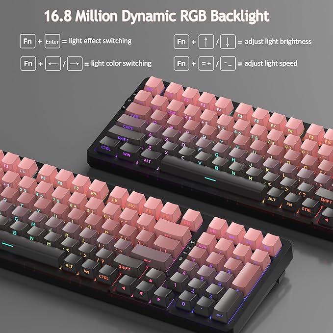 MageGee LIGHT100 Wireless Creamy Keyboard, Gasket Structure Hot Swappable, 2.4G/USB-C/BT5.0 RGB Backlit Mechanical Gaming Keyboard for Win/Mac/PC, 8000mAh Battery, Side Printed PBT Keycap, Pink