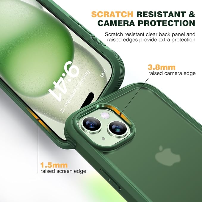 Diaclara Designed for iPhone 15 Case, Full Body Rugged Case with Built-in Touch Sensitive Anti-Scratch Screen Protector, with Camera Lens Protector for iPhone 15 6.1" (Frosted Green)