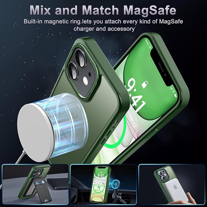 Newfuture Designed for iPhone 11 Case with Strong Magnetic [13 FT Military Drop Protection] [Compatible with Magsafe] Slim Translucent Matte Shockproof with Anti-Fingerprint Phone Case, Dark Green