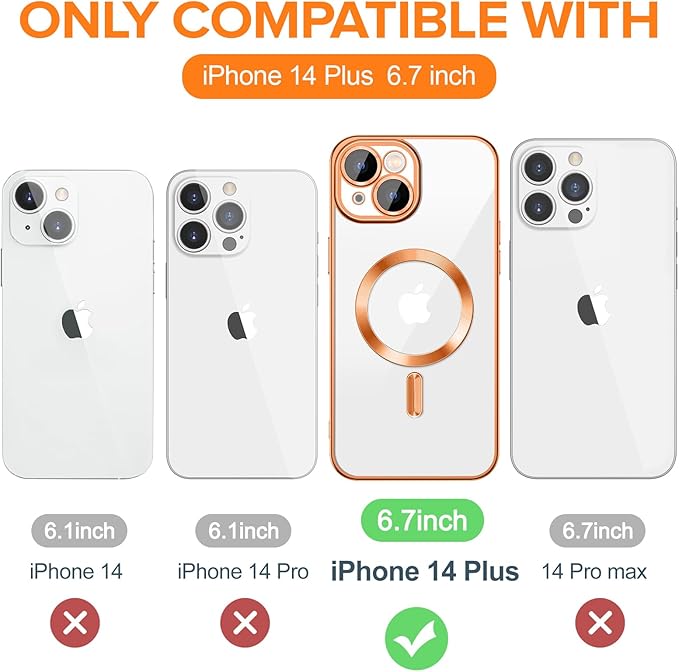 Hython Magnetic Clear for iPhone 14 Plus Case with Camera Lens Protector [Compatible with MagSafe] Luxury Plating Edge Slim Soft TPU Cover Protective Phone Case for iPhone 14 Plus 6.7", Orange