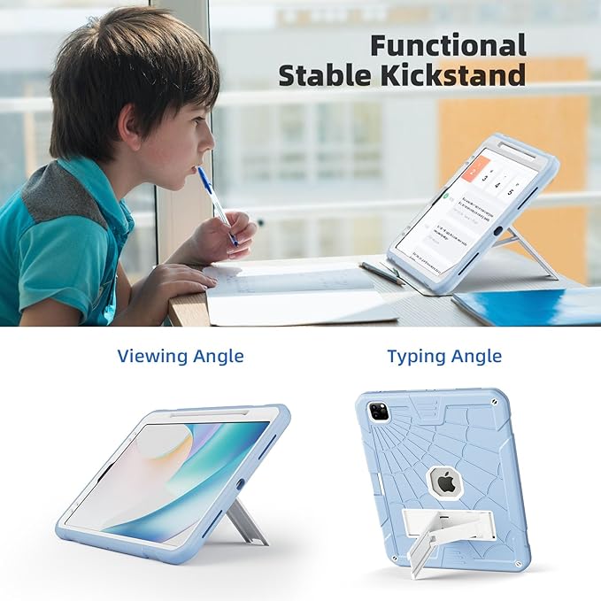 TSQQST Case for iPad Pro 12.9 Inch 6th/5th/4th/3rd Generation 2022/2021/2020/2018 for Kids, Full Body Shockprof Rugged Protection Case Cover with Stand +Pencil Holder+ Shoulder Strap, Ice Blue