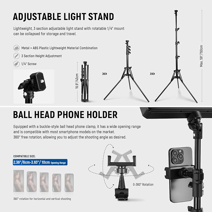 NEEWER Basics LED Video Panel Light, Studio Lighting Kit with 59''/150cm Tripod Stand Phone Holder for Video Recording Photography Streaming Podcast, 850lx/0.5m Bi Color 2700-6500K Dimmable, BP300