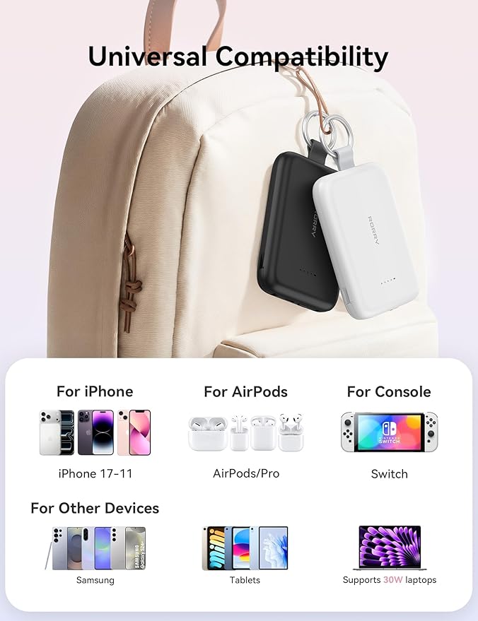 RORRY CharmGo Portable Charger, 10000mAh PD 30W Fast Charging Portable Charger Power Bank with Built-in Cables, Travel Keychain Charger Battery Pack for iPhone 17/16/15, for AirPods 2/3/4/Pro, Purple