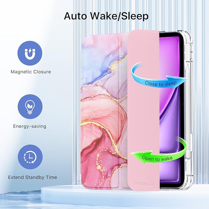 MoKo for iPad Air 11 inch Case (M4/M3/M2) 2026/2025/2024, iPad Air 5th/4th Gen 10.9 inch Case 2022/2020 with Pencil Holder, Slim Light Trifold Cover with Hard PC Translucent Back Shell, Pink Marble