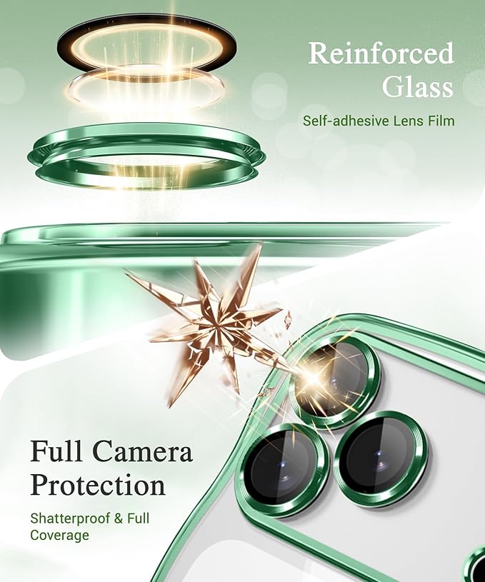 GVIEWIN for iPhone 17 Pro Case Compatible with MagSafe, Upgraded [Full Camera Protection][Cute Wave Frame][Military Grade Protection] Electroplated Hard Phone Cover for Women Girl, Clear/Green