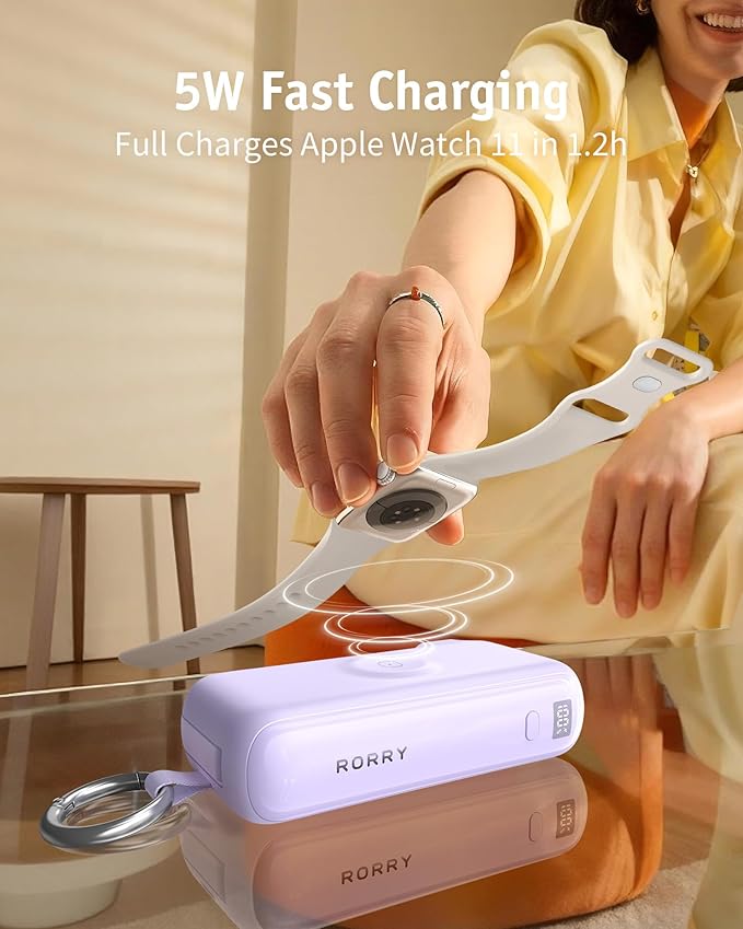 RORRY Flow Portable Charger, 10000mAh 40W Fast Charging Power Bank with Built-in USB C Cable and Foldable Wall Plug, Battery Pack Travel Essentials for iPhone 17/16/15, Apple Watch, iPad, MacBook