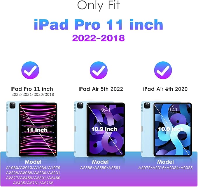 DTTO for iPad Pro 11 inch 4th/3rd/2nd/1st Generation 2022/2021/2020/2018 Case, Smart Slim Trifold Stand Soft TPU Back Cover with Built-in Pencil Holder, Also Fit iPad Air 5/4,Ice Blue
