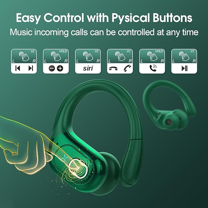 Wireless Earbuds 75hrs Bluetooth 5.4 Headphone Sport, 2026 Bluetooth Earbuds Stereo Deep Bass Over Ear Bud with Earhooks, ENC Noise Cancelling Mic, IPX7 Waterproof Earphone for Gym/Workout, Dark Green